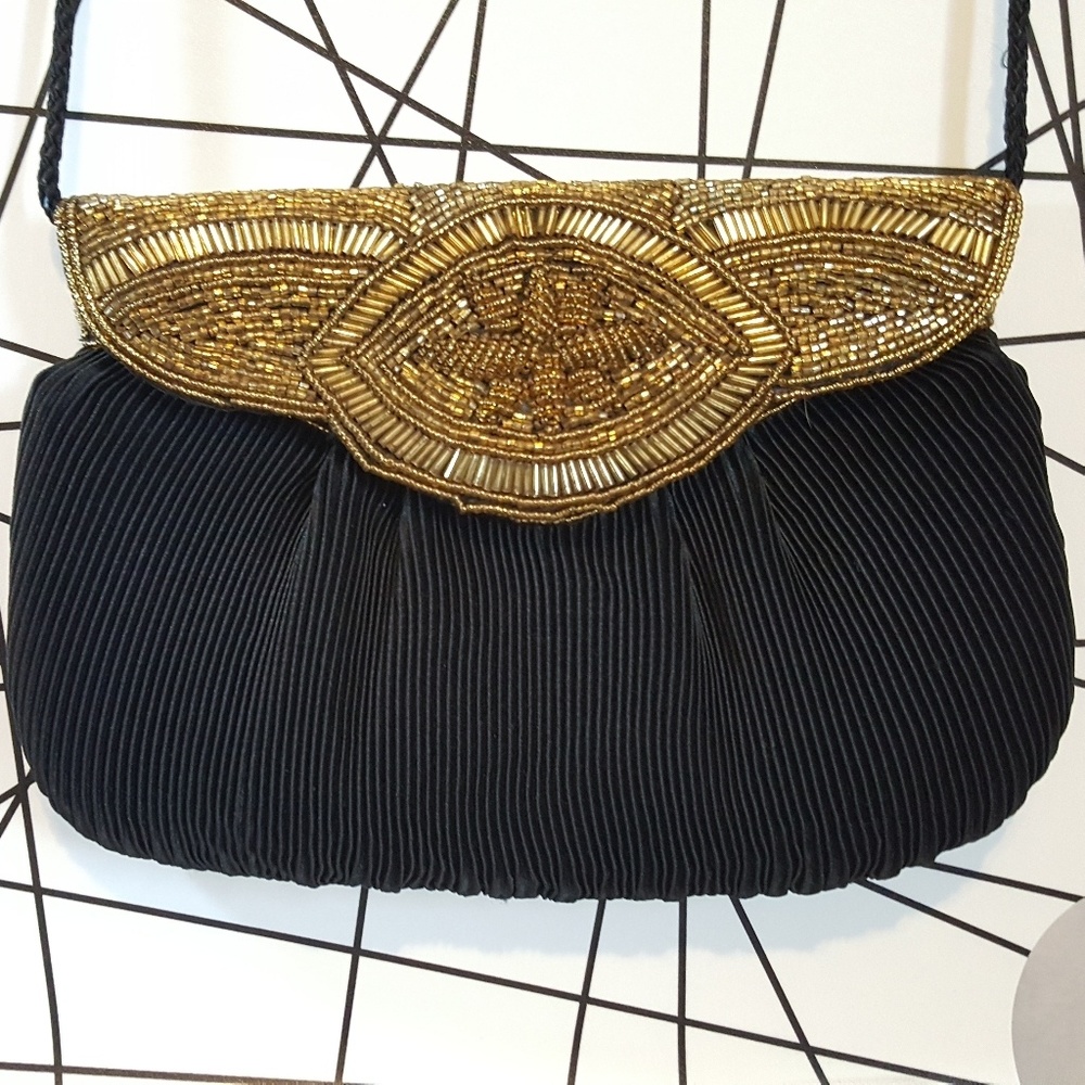 Black Vintage evening bag/clutch w/gold embroidery